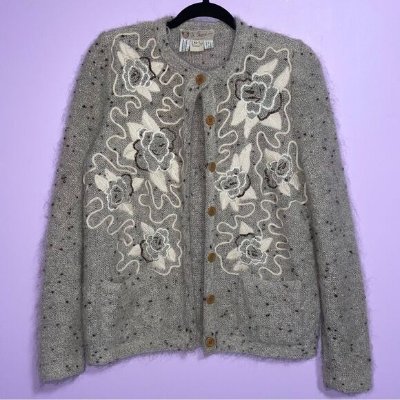 Gucci Vintage Cardigan Women EU 42 Mohair Wool Silk Embroidered Grandma Preppy